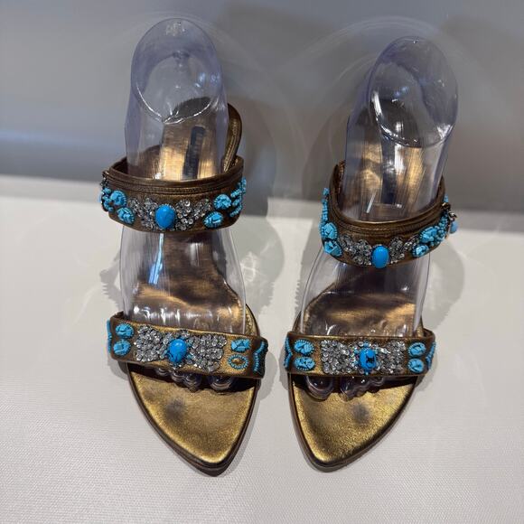 Sergio Rossi Turquoise Beaded Gold Heel Sandal Italy Made Boho Glams size 39.5 - Picture 1 of 9